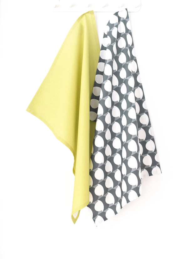 Hercule Linen Cotton Tea Towel (18.5x25) – Set of 2 (Patterned Charcoal & Solid Moss)