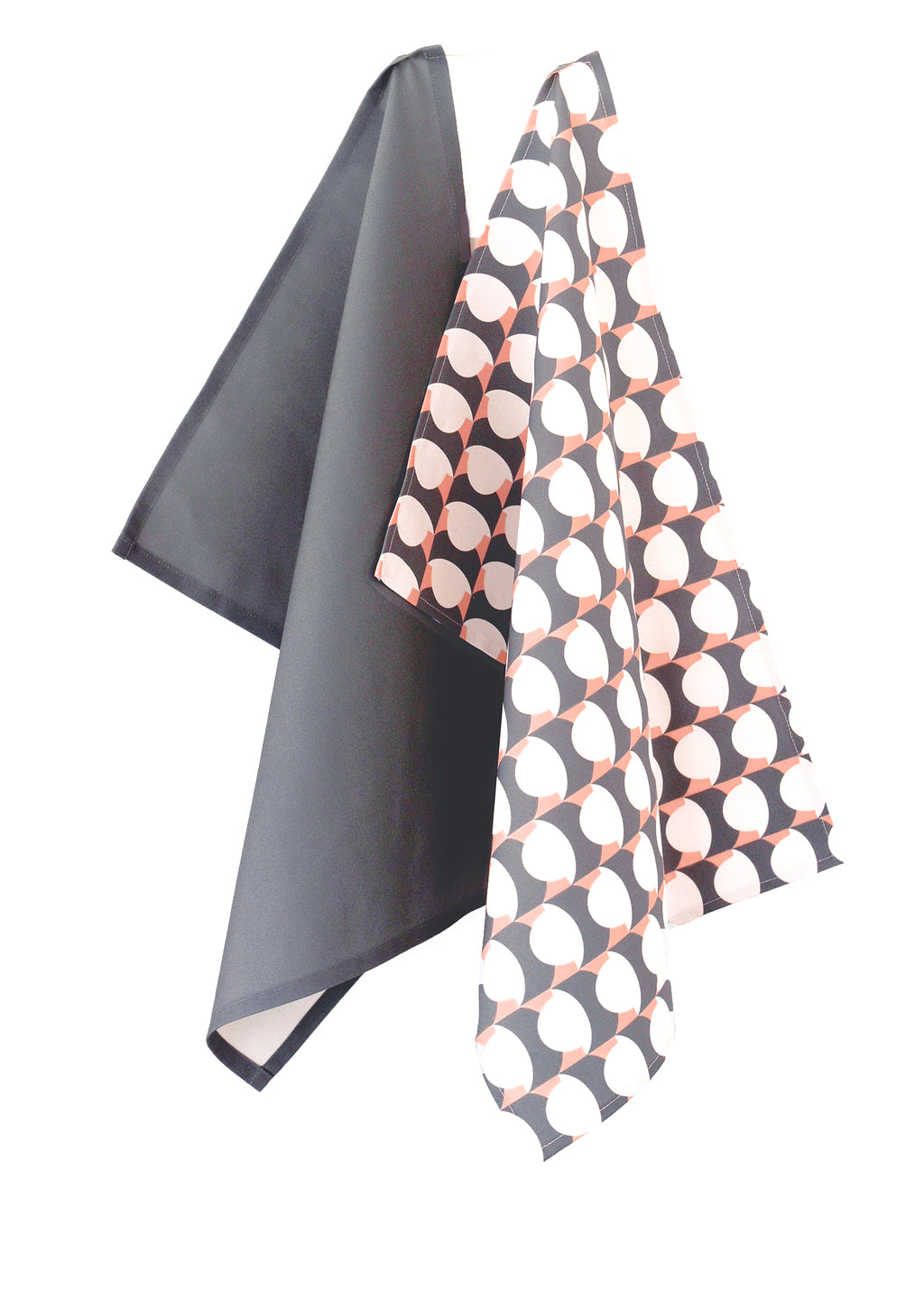 Hercule Linen Cotton Tea Towel (18.5x25) – Set of 2 (Patterned Salmon & Solid Charcoal)
