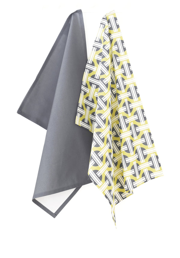 Orient Linen Cotton Tea Towel (18.5x25) – Set of 2 (Patterned Moss & Solid Charcoal)