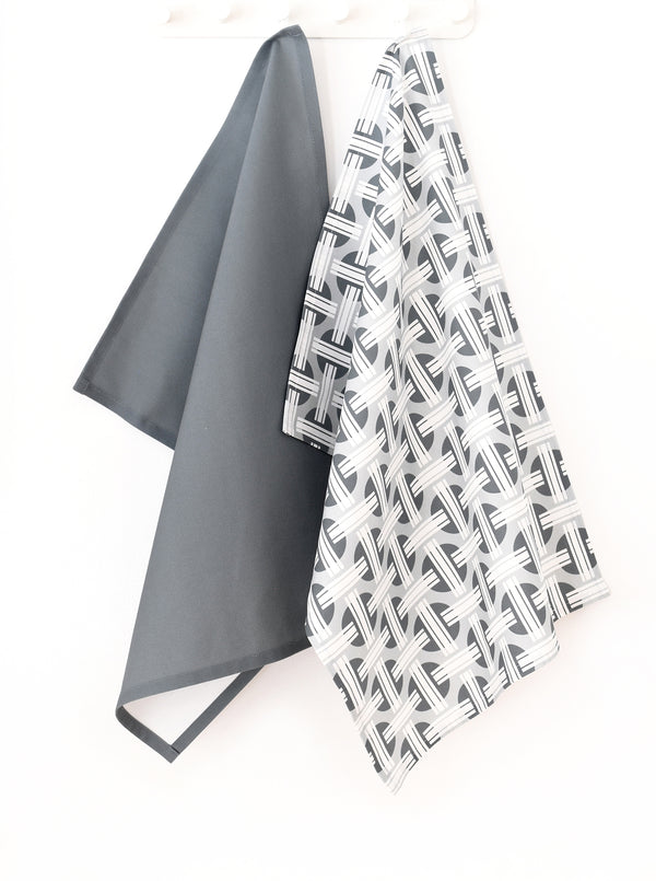 Orient Linen Cotton Tea Towel (18.5x25) – Set of 2 (Patterned Pale Grey & Solid Charcoal)