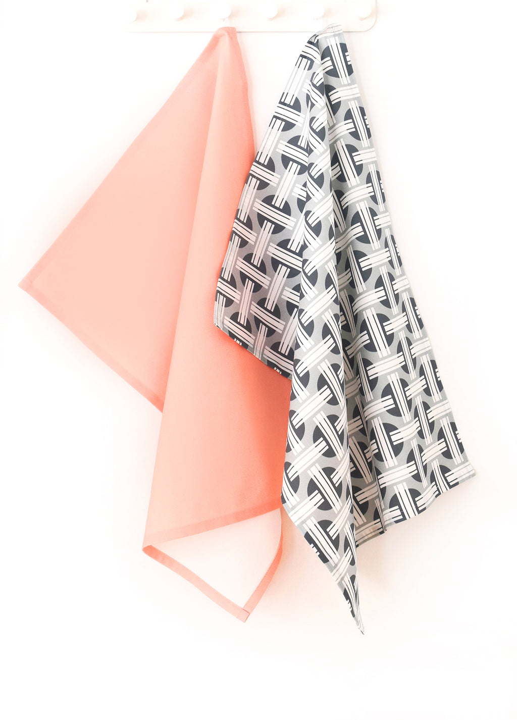 Orient Linen Cotton Tea Towel (18.5x25) – Set of 2 (Patterned Pale Grey & Solid Salmon)